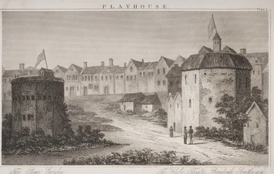 O Jardim dos Ursos e o Globe Theatre, da Encyclopaedia Londinensis, gravada por EJ Roberts, 1825
